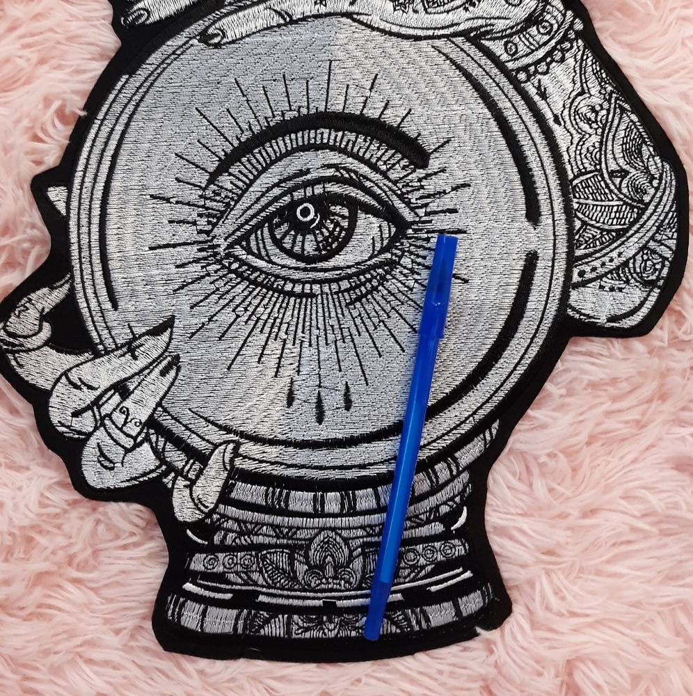 LAST 1! XXXL stunning huge crystal ball w tattooed hands IRON ON patch - Picture 2 of 12